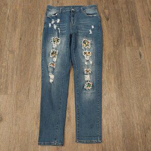 Green Bay Packers Patch Distressed Blue Jeans | Women’s Size Large | Stylish Fan